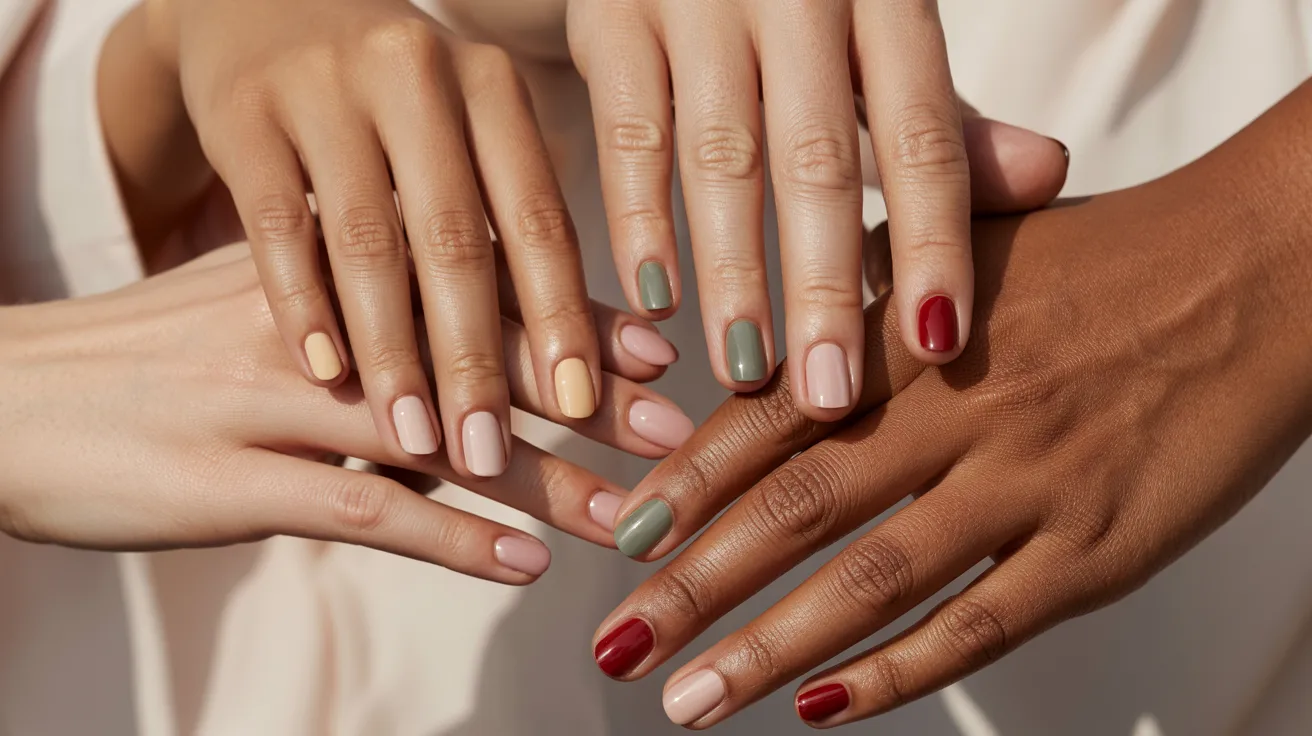 A group of hands with diverse skin tones shows off manicured nails in pastel yellow, green, red, and neutral colors, conveying a sense of diversity and style.