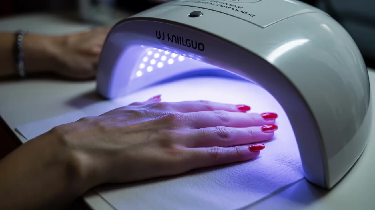 A hand with red nail polish is placed under a white UV nail lamp, emitting a blue light. The scene suggests a nail salon setting.