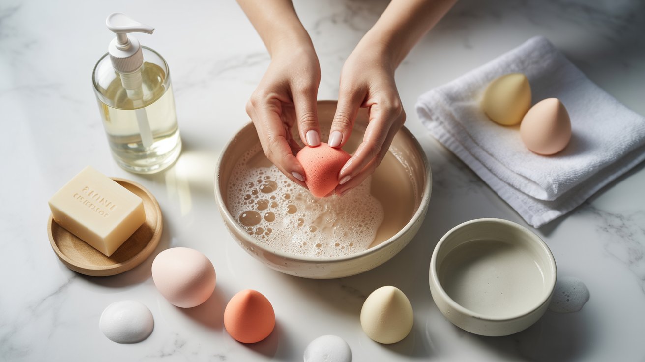 Hands gently wash a pink makeup sponge in a bowl of soapy water on a marble surface. Nearby, a soap bar, pump bottle, and fresh sponges are arranged neatly.