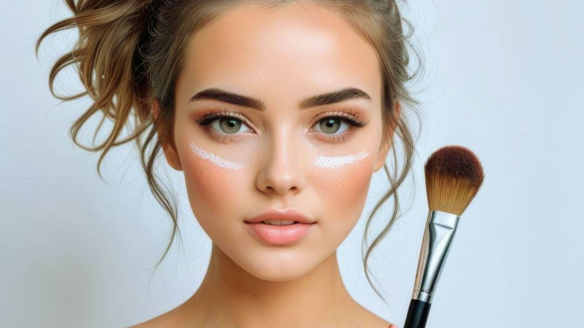 A young woman with an updo holds a makeup brush next to her face. White concealer dots under her eyes highlight her clear skin, conveying a fresh, polished look.