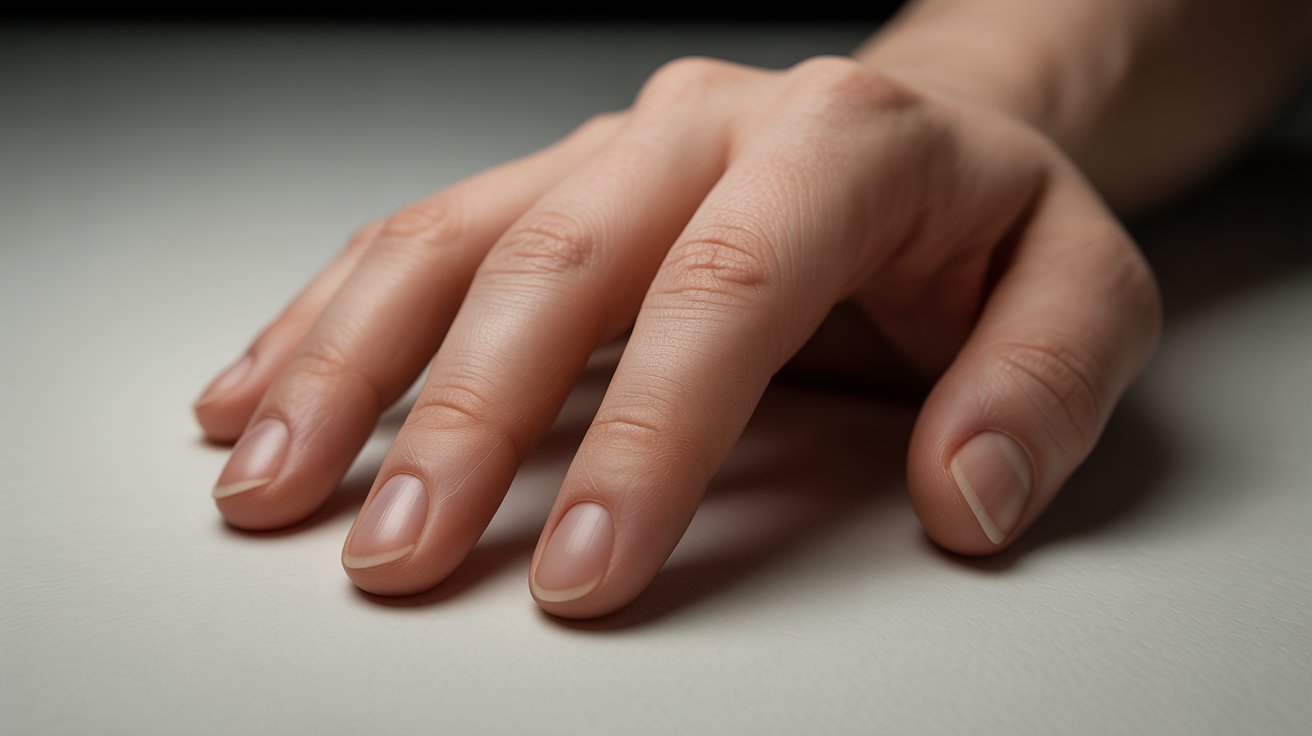 A close-up of a hand resting on a smooth, light surface, fingers gently splayed. The skin tone is pale, with short, well-groomed nails, conveying calmness.