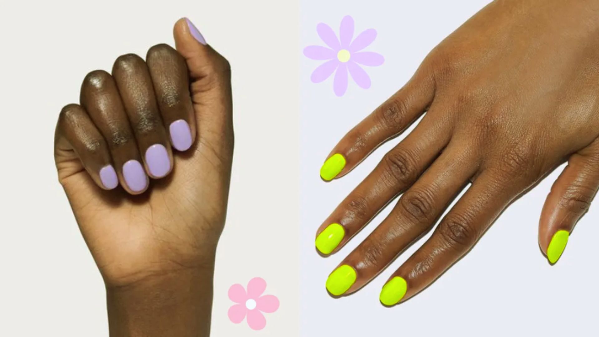 Two hands with pastel nail polish: The left hand features light purple nails, while the right showcases bright yellow nails. Soft floral graphics add a playful touch.