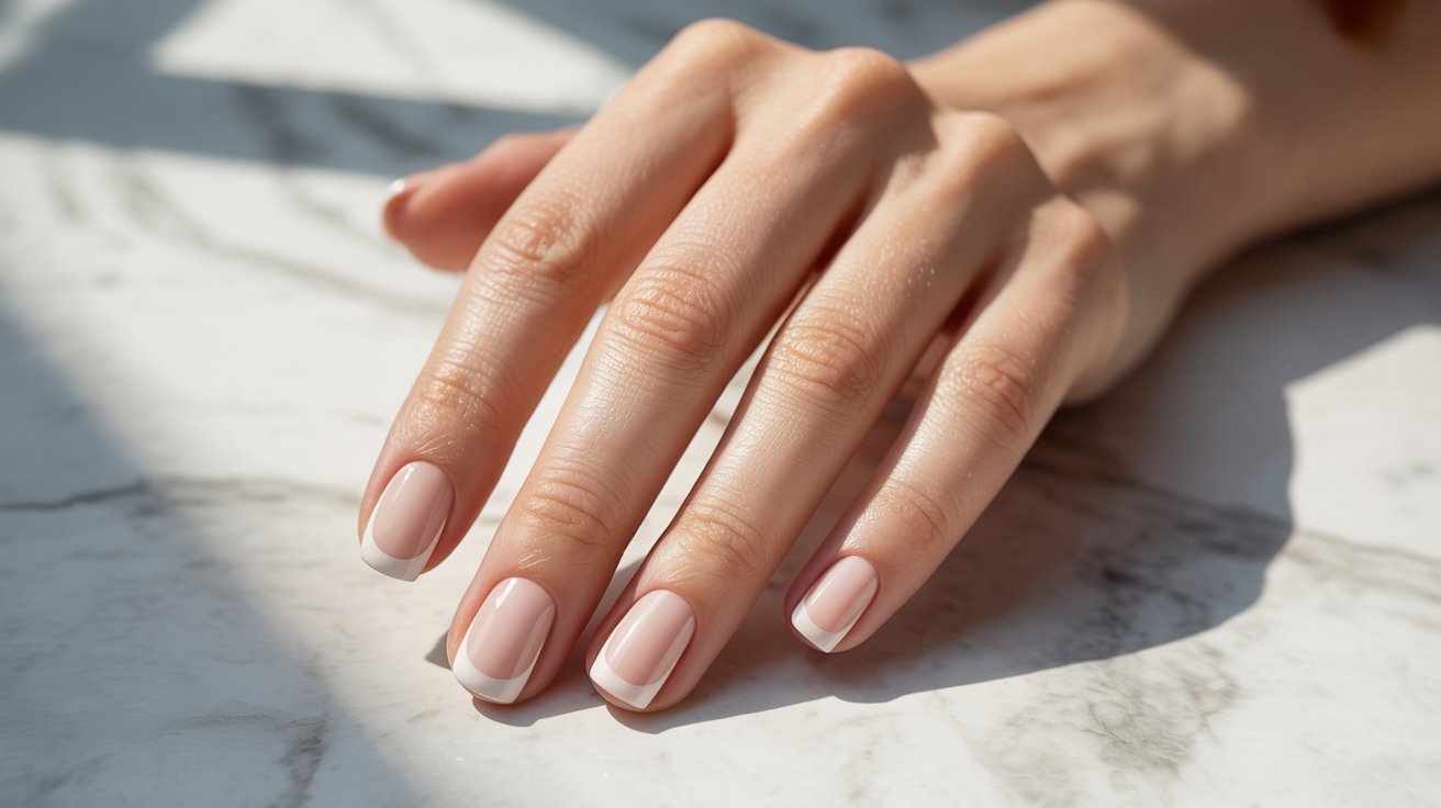 A hand with a French manicure rests on a marble surface. The nails are well-groomed with a light pink base and white tips, conveying elegance and simplicity.