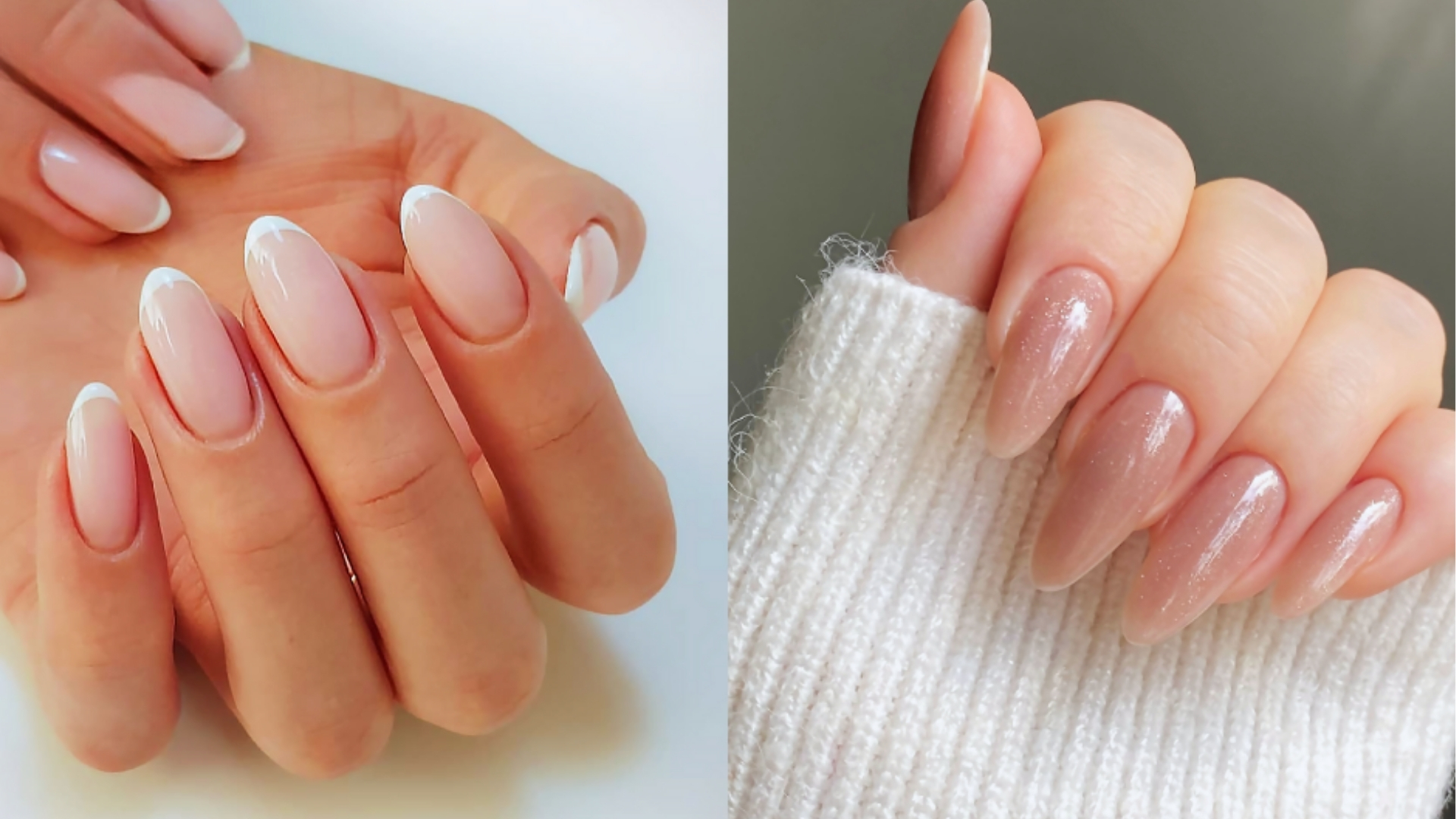 Left image shows hands with glossy French manicure on almond-shaped nails; right image features hands with shimmery nude polish, exuding elegance.