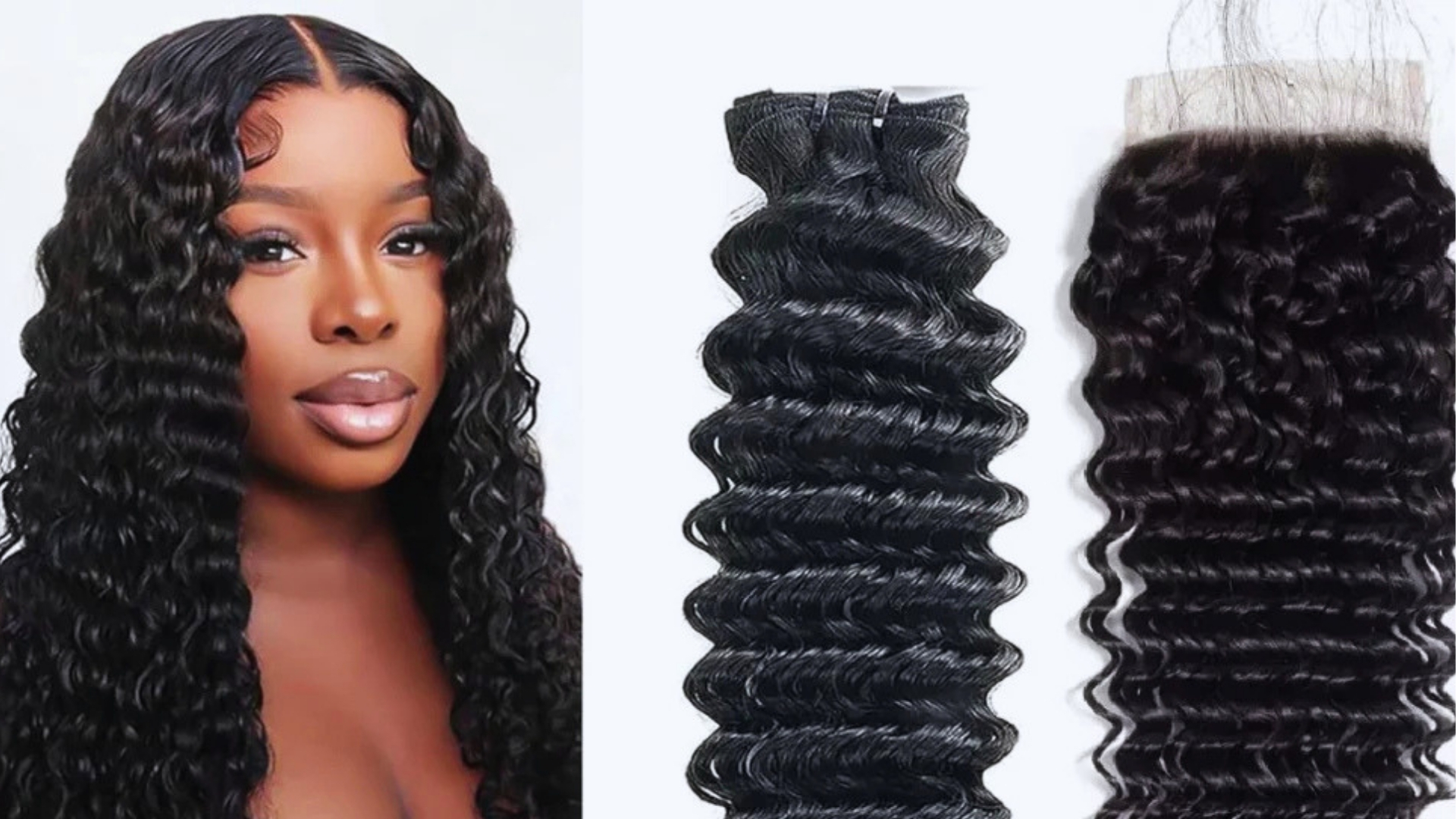 A woman with long, wavy black hair smiles softly. Next to her, two pieces of similar wavy hair extensions are displayed, highlighting the texture.