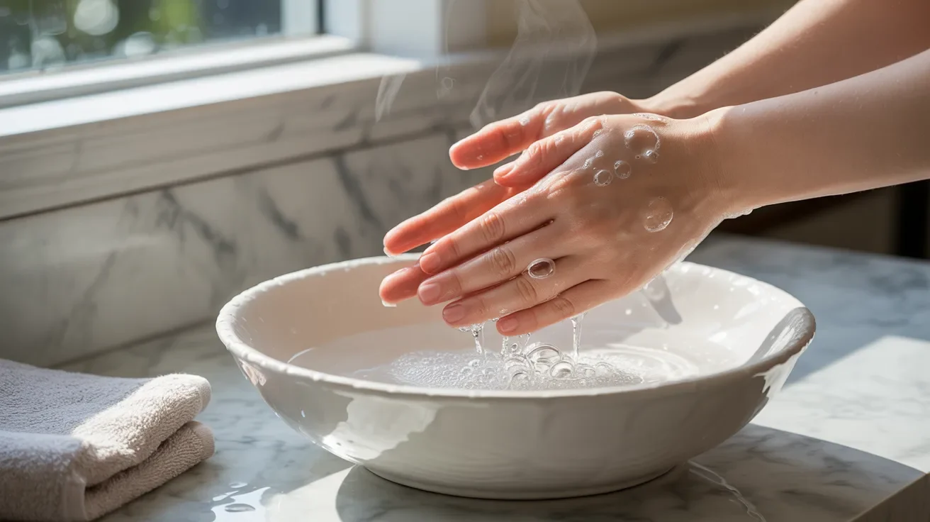 Hands being washed with soapy water in a white bowl on a marble counter, sunlight streaming through a window, creating a calming and refreshing ambiance.
