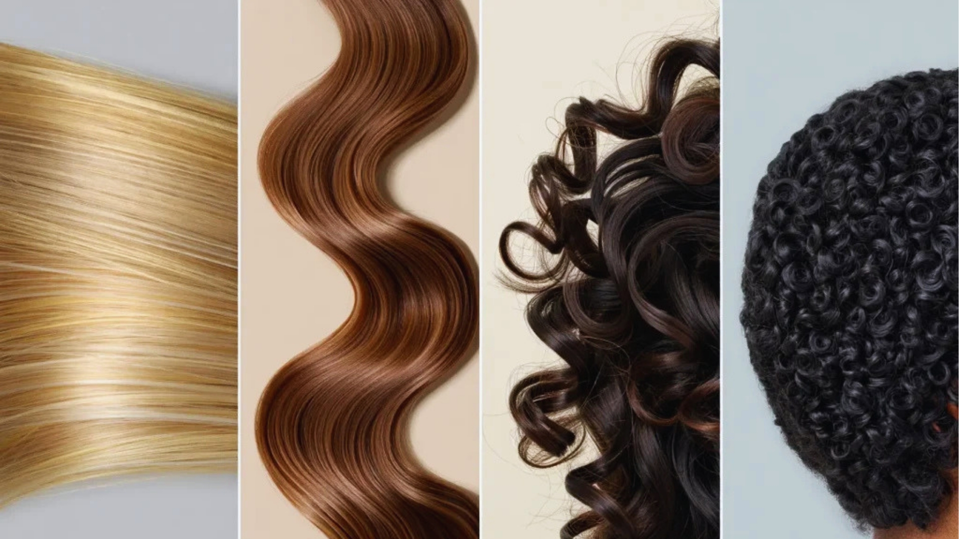 Four hair textures: straight blonde, wavy brown, curly dark brown, and tight black curls, showcasing diverse hair types and colors.