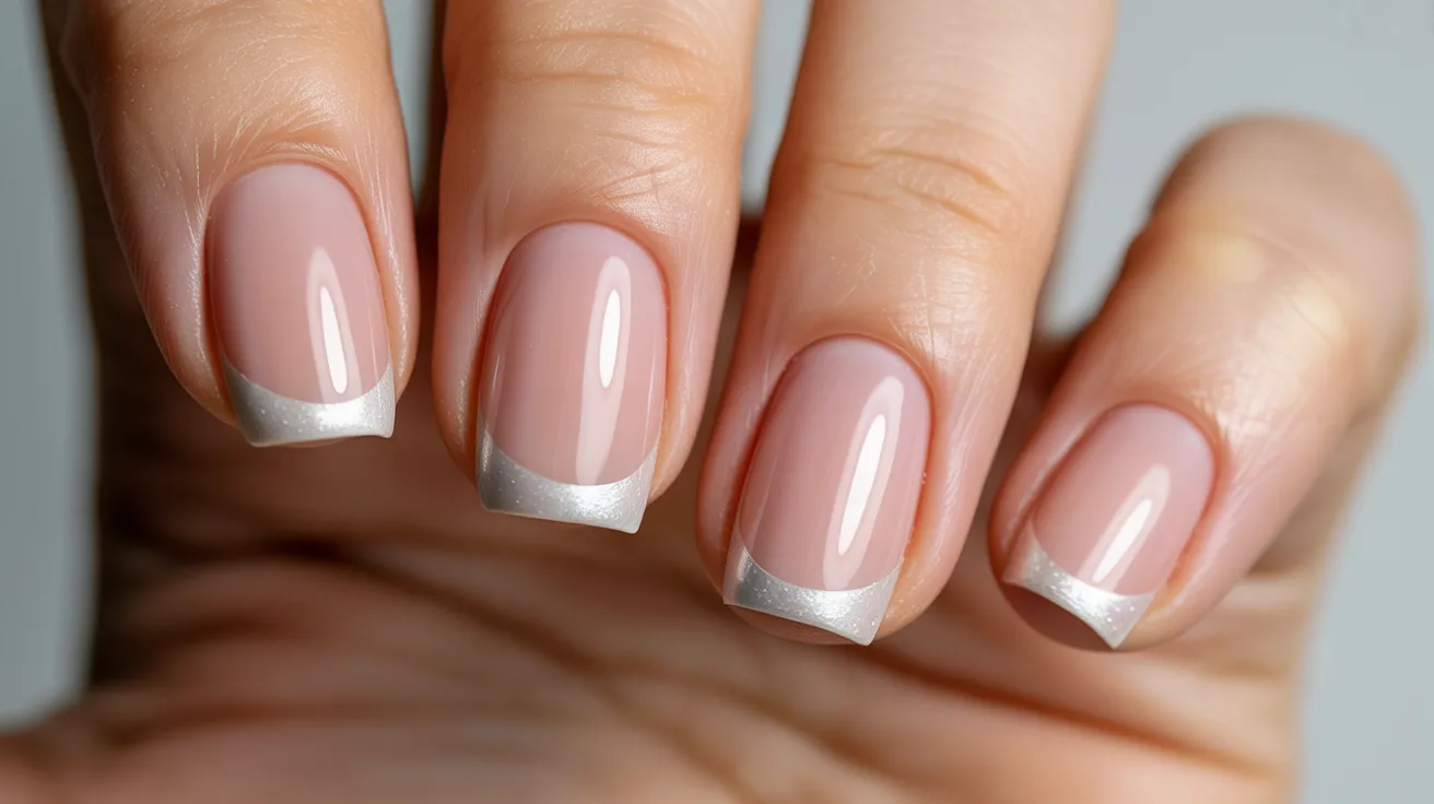 Close-up of a hand with a silver-tipped French manicure. Nails are glossy, with a pale pink base, conveying an elegant and polished look.