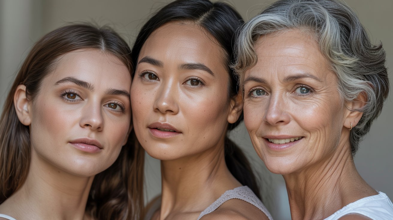 Three women of different ages stand closely together, projecting confidence and unity. Their expressions are calm and serene, highlighting natural beauty.