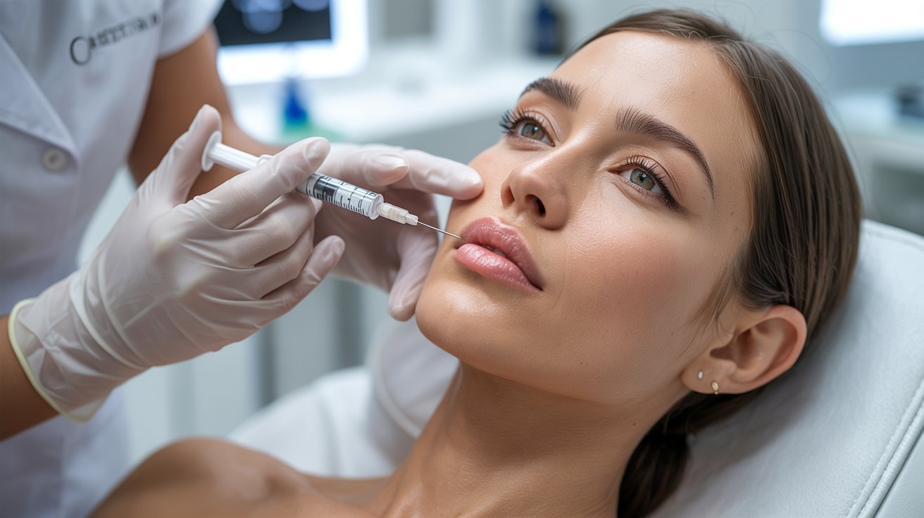 A woman receives a lip injection from a medical professional wearing gloves in a clinical setting. She appears calm and composed, focusing forward.