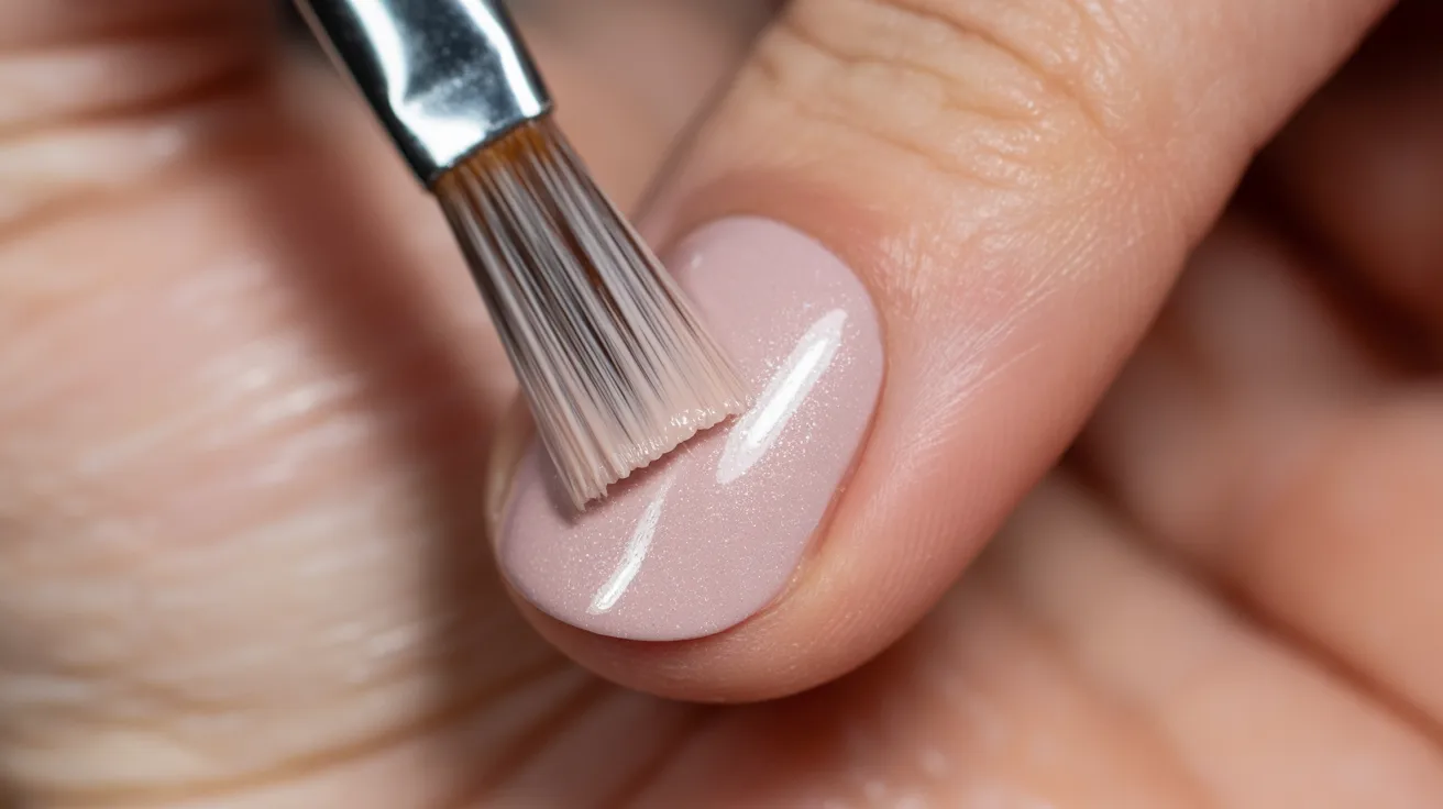 Close-up of a fingernail being painted with glossy, pale pink polish using a fine brush. The nail appears well-groomed and shiny.