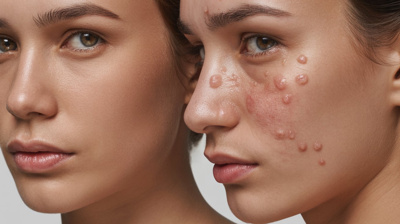 Two women with contrasting facial skin. One has clear, smooth skin, while the other has acne with red bumps. Both have neutral expressions.