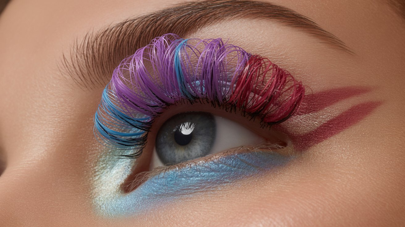 A close-up of an eye with colorful, spiraled false eyelashes in purple and red hues. The eyelid features blue and white eyeshadow, with sleek red lines extending outward. The look is artistic and bold.