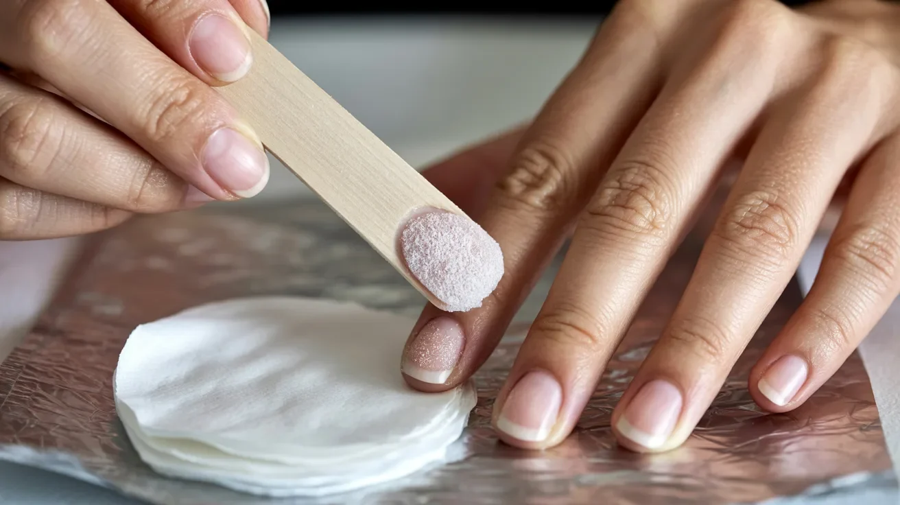 Close-up of hands applying pink nail powder with a wooden stick on a fingernail. Cotton pads are nearby on a shiny surface. The mood is calm and focused.