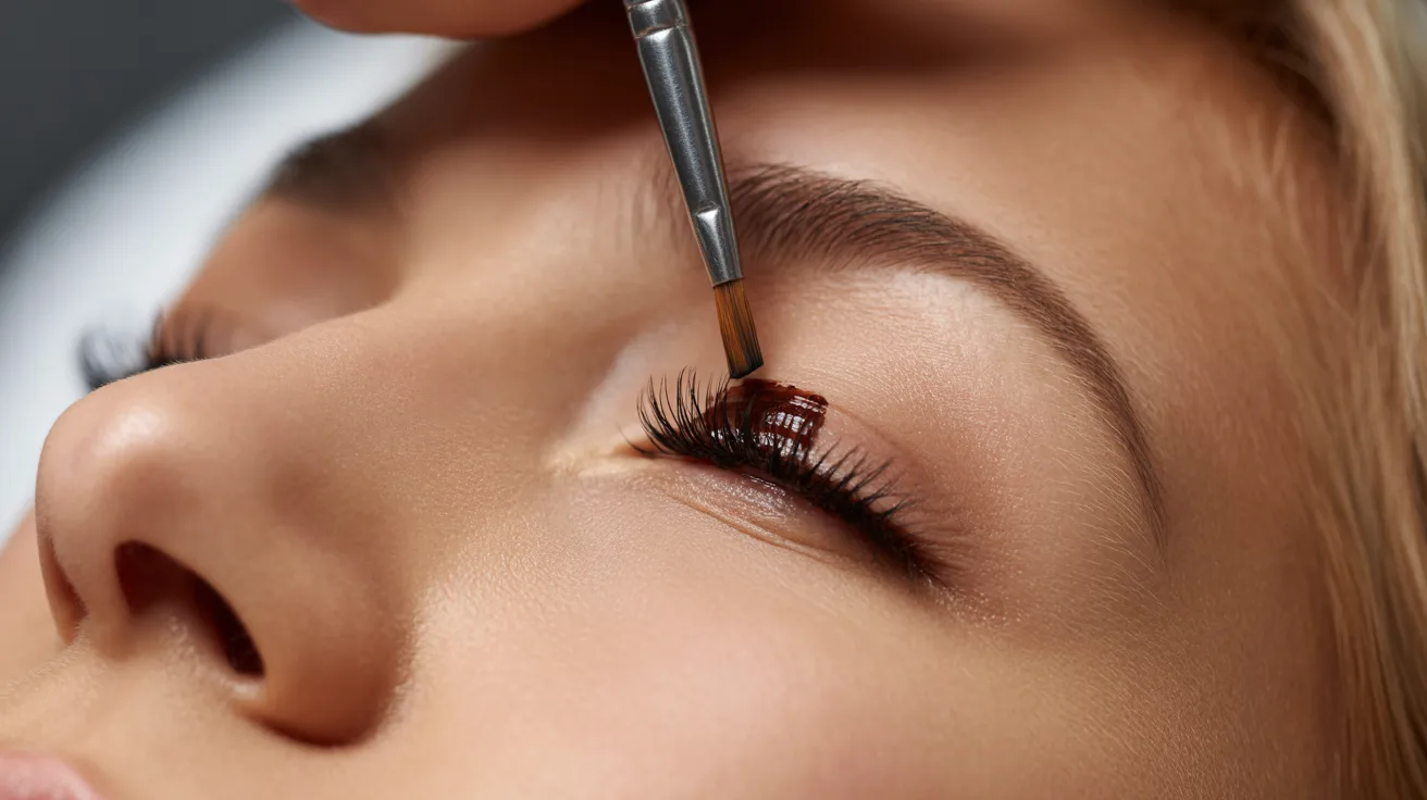 A close-up of a person’s eye during a beauty treatment. A makeup brush carefully applies dark tint to the eyelashes, conveying precision and calm.