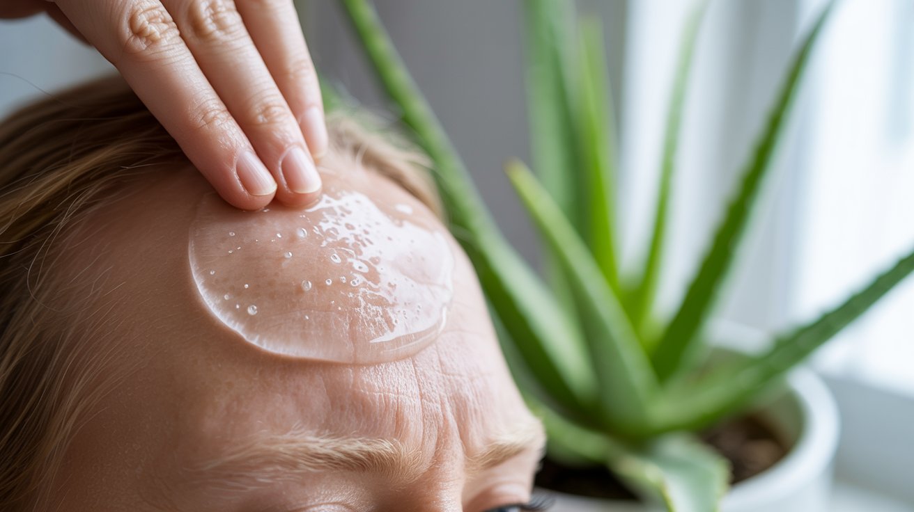 A clear gel patch is applied to a person's forehead, with a hand gently holding it. An aloe vera plant is visible in the background, evoking a soothing atmosphere.