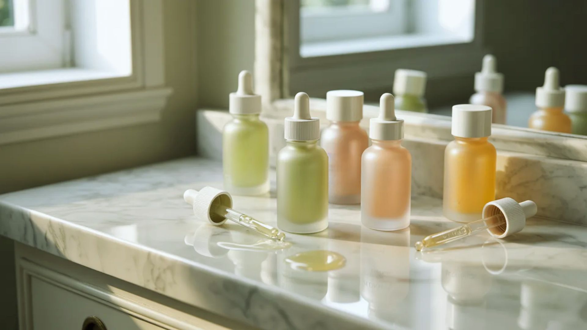 A collection of skincare serum bottles with droppers sit on a marble countertop, illuminated by soft natural light, conveying a calm and luxurious mood.
