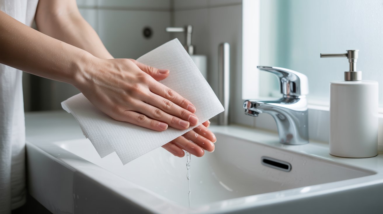 Hands drying with a white paper towel over a sink with running water; modern bathroom setting, showcasing hygiene and cleanliness.