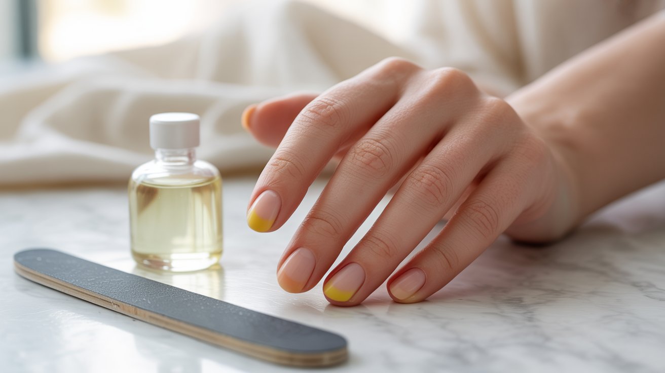 A hand with yellow-tipped nails rests on a marble surface, near a nail file and a small bottle of oil. The scene conveys calm and care in a manicure setting.
