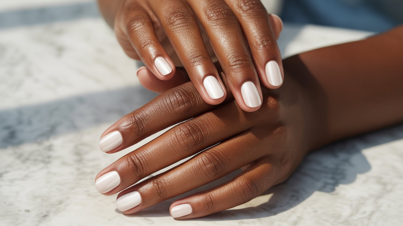 Close-up of hands with neatly manicured nails painted in soft white, resting gracefully on a marble surface. The mood is calm and elegant.