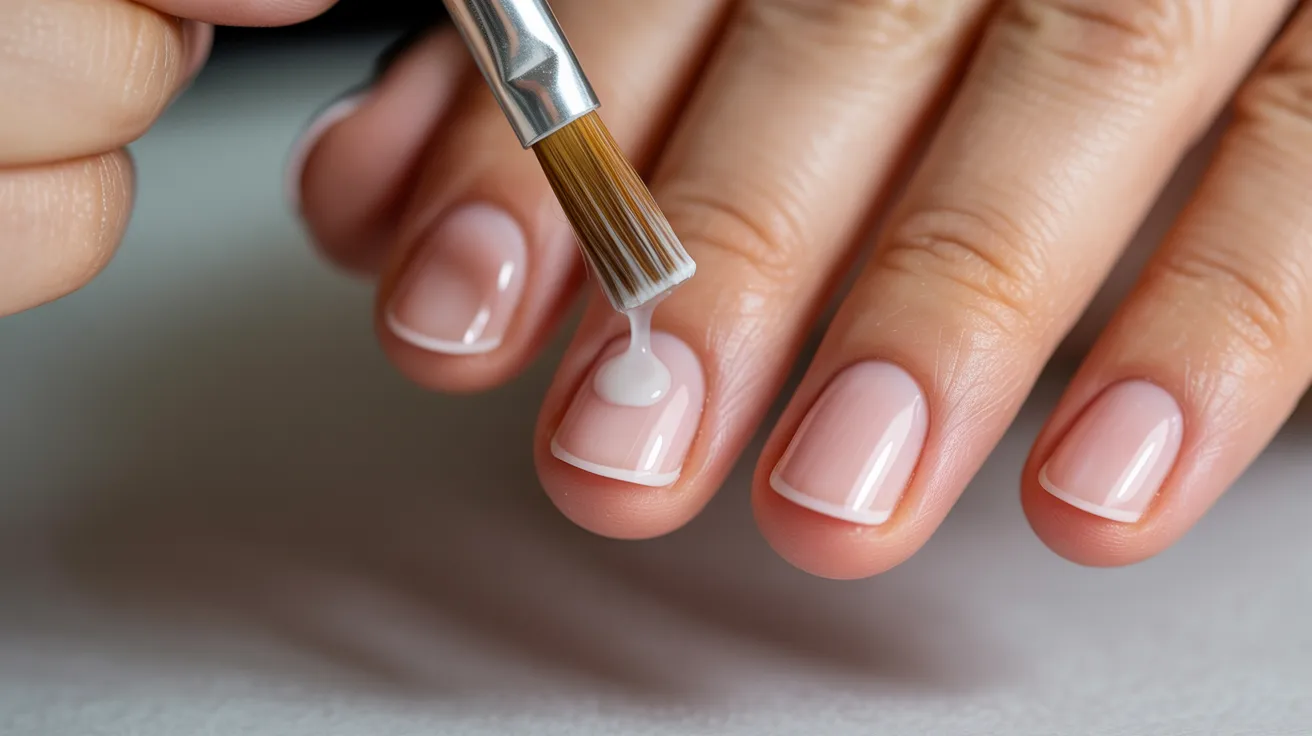 Close-up of a hand receiving a manicure. A brush applies gel to neatly trimmed nails with a soft pink polish and white tips, conveying a sense of care and precision.