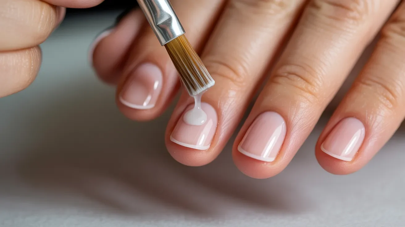 Close-up of a hand receiving a manicure. A brush applies gel to neatly trimmed nails with a soft pink polish and white tips, conveying a sense of care and precision.