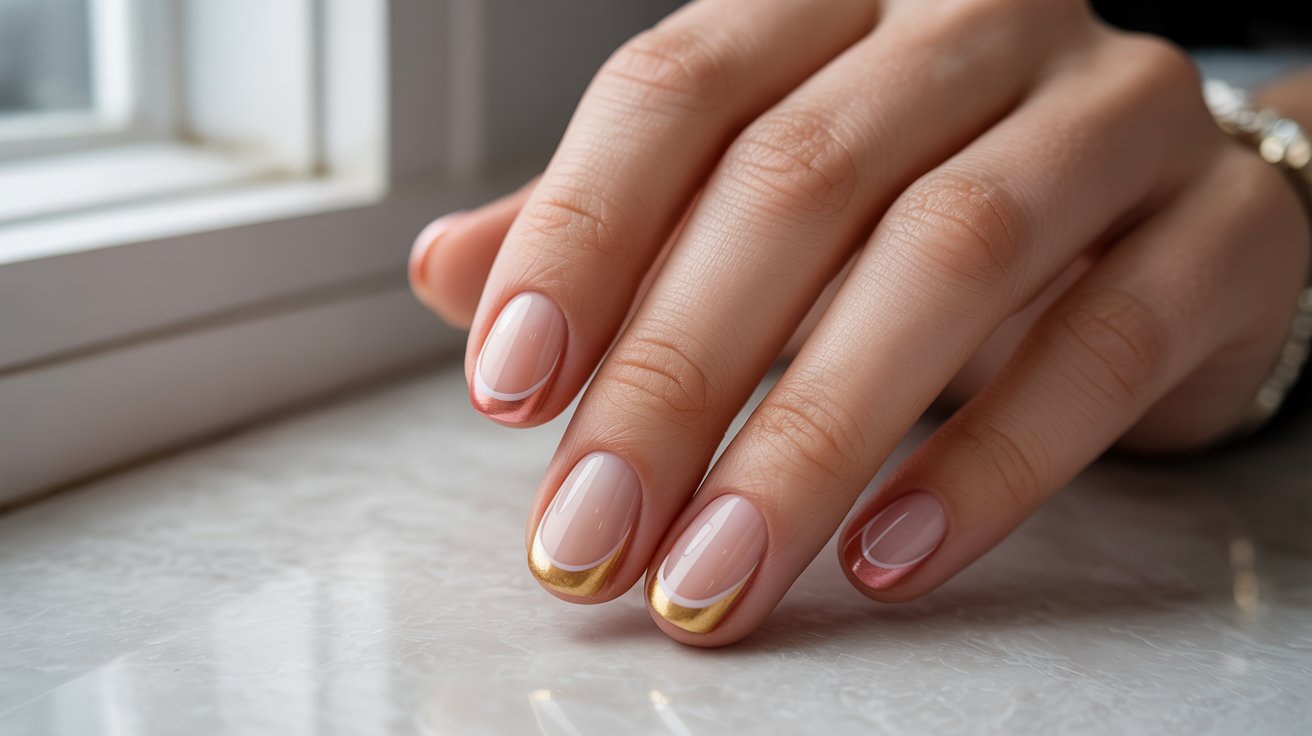 Close-up of a hand with manicured nails featuring a modern French design. The nails are painted with glossy pink and metallic gold tips, resting on a marble surface.