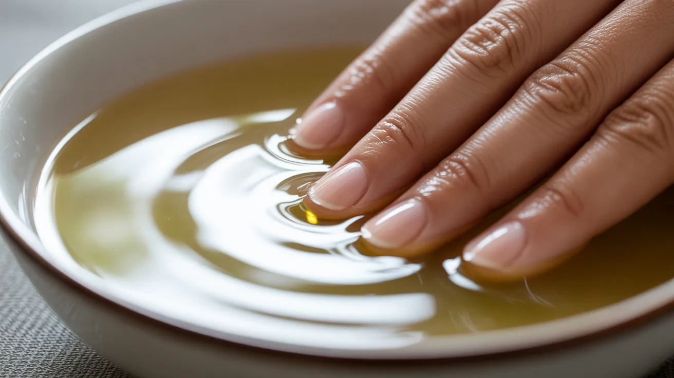 A hand with neatly manicured nails is gently immersed in a bowl of light yellow oil, creating a calming and soothing tone, suggesting relaxation and self-care.