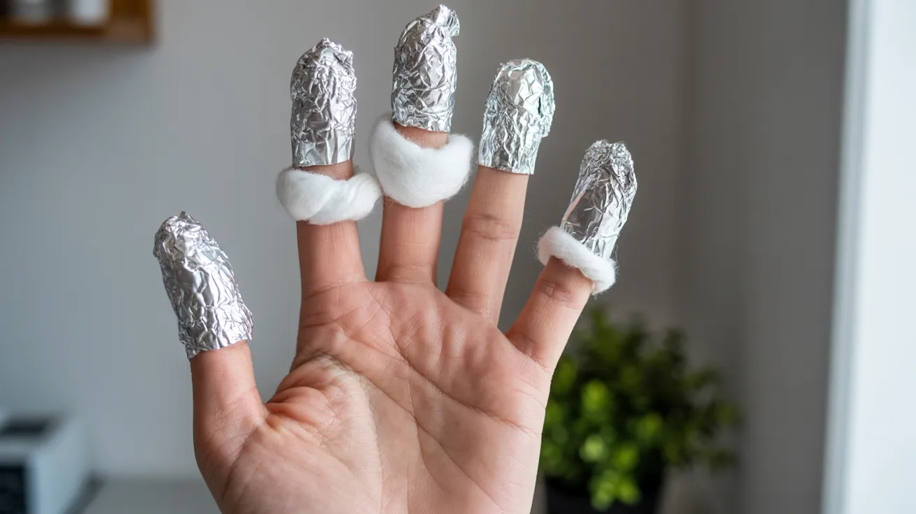 A hand with fingers wrapped in aluminum foil, each with a cotton ball at the base, likely for nail treatment. Background shows blurred indoor plants.