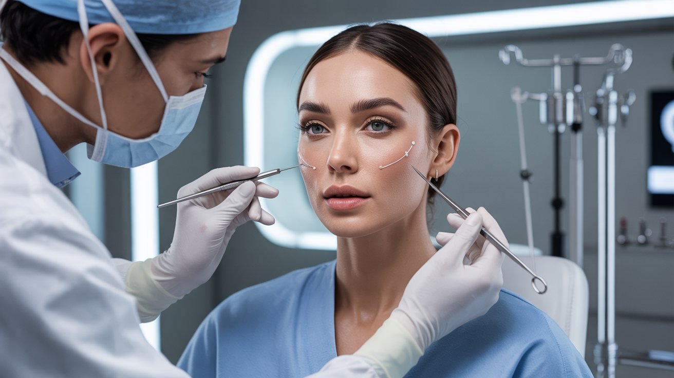 A doctor in surgical attire examines a woman's face with medical instruments. The woman appears calm, suggesting a clinical, professional setting.