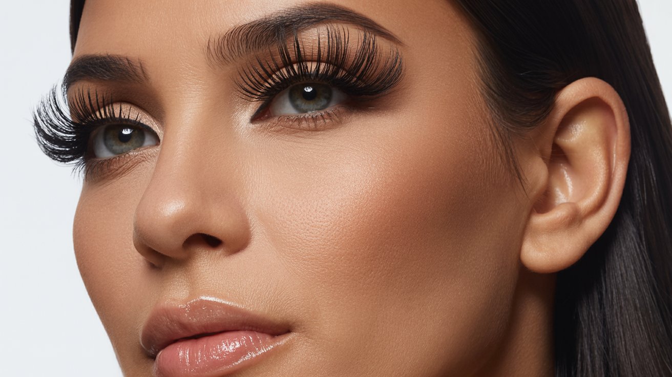 Close-up of a woman's face with smooth skin, bold eyelashes, and glossy lips. Her expression is confident and serene, showcasing detailed eye makeup.