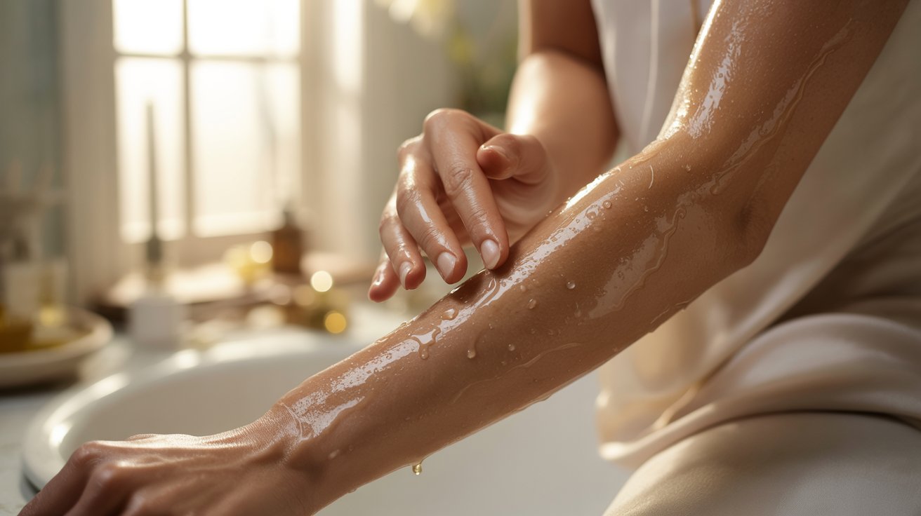 A person applies oil to their forearm in a softly lit bathroom, creating a serene, self-care atmosphere. The skin glistens with moisture in the sunlight.