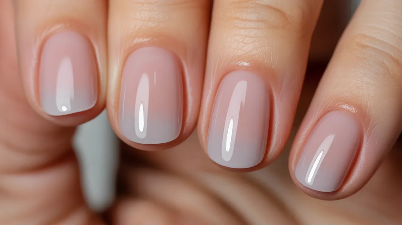 Close-up of a hand showcasing neatly manicured nails with a soft, glossy, pale pink polish. The nails appear smooth, well-shaped, and slightly reflective.