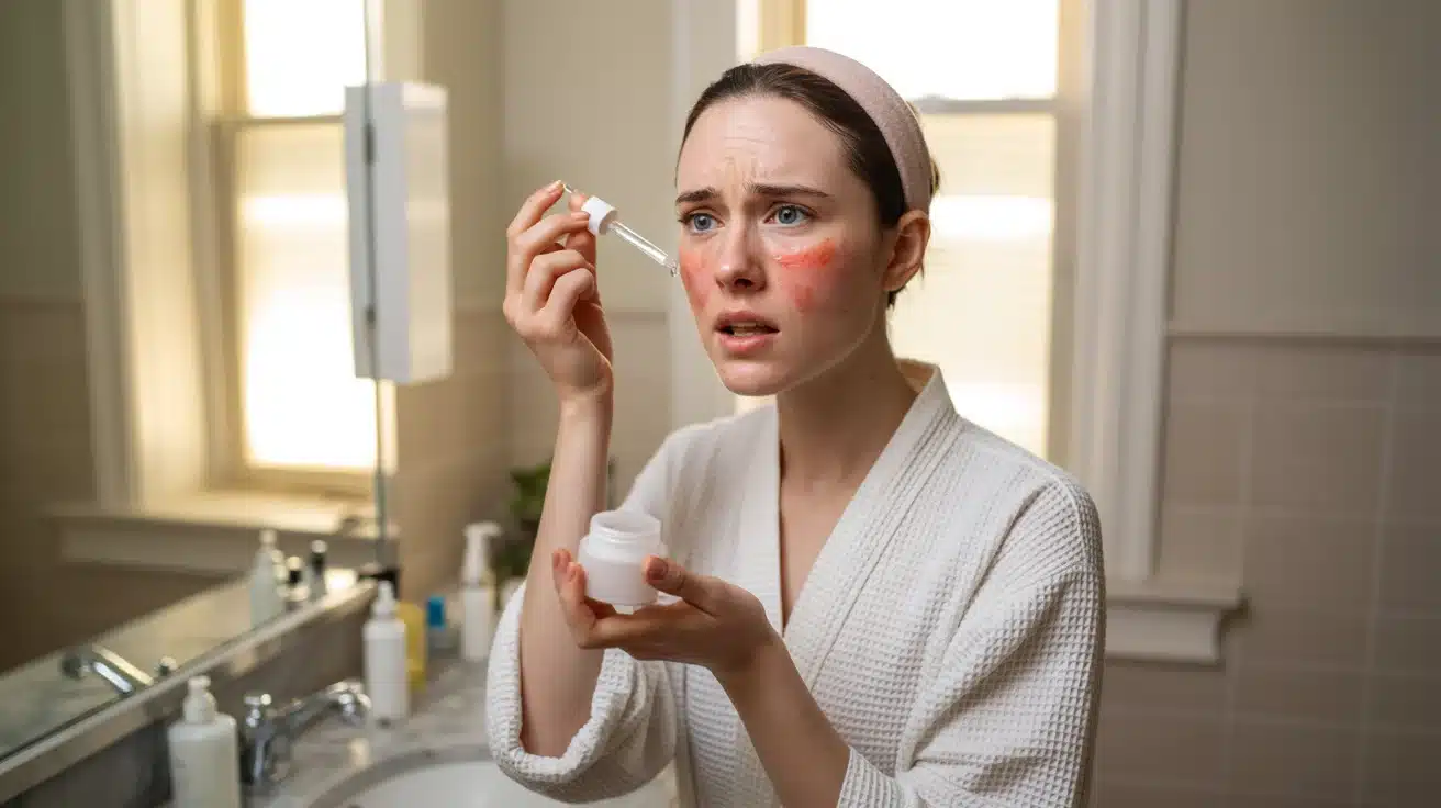 A concerned woman in a white robe applies face cream with a dropper, redness visible on her cheeks. She's in a bathroom with a worried expression.
