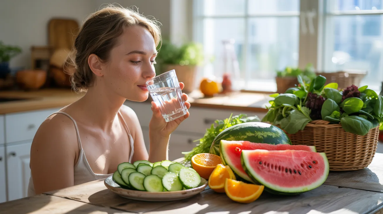 Woman sipping water at a sunlit table with sliced cucumbers, watermelon, oranges, and a basket of greens, conveying freshness and health.