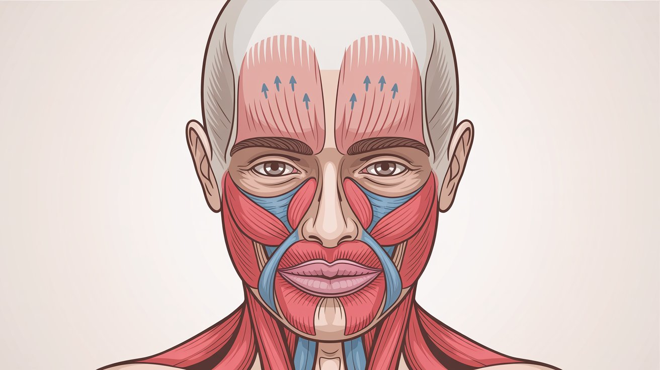 Illustration of facial muscles in a bald human head front view. Muscles are highlighted in red and blue, with arrows indicating direction of movement.