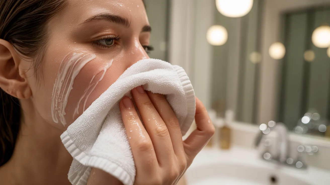 Woman gently wipes her face with a white towel in a bathroom. Skincare cream is visible on her cheek. The setting is calm and focused on self-care.