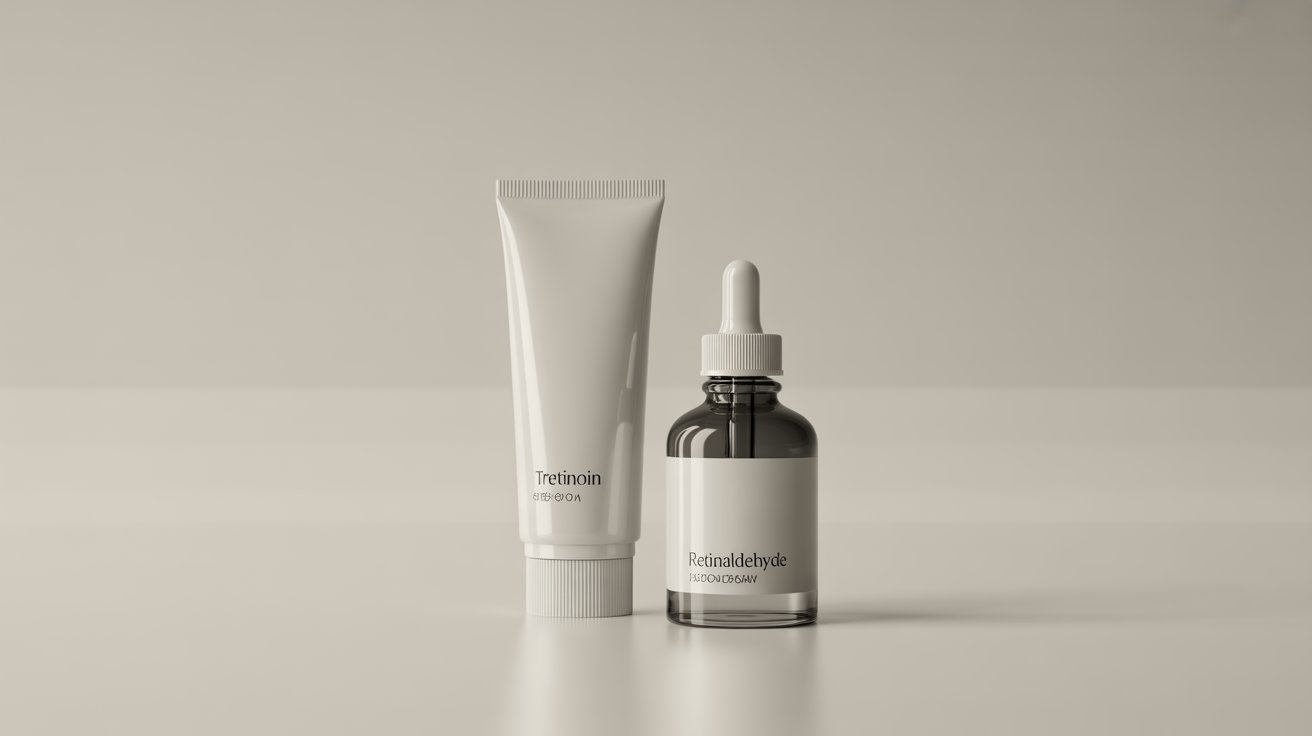 Two skincare products against a neutral background: a white tube labeled "Tretinoin" and a dropper bottle labeled "Retinaldehyde." Minimalist and elegant.