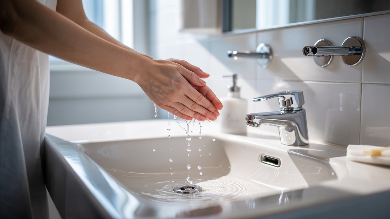 Hands cupped under running water in a bright, modern bathroom, conveying cleanliness and freshness. A soap dispenser and towel are visible in the background.