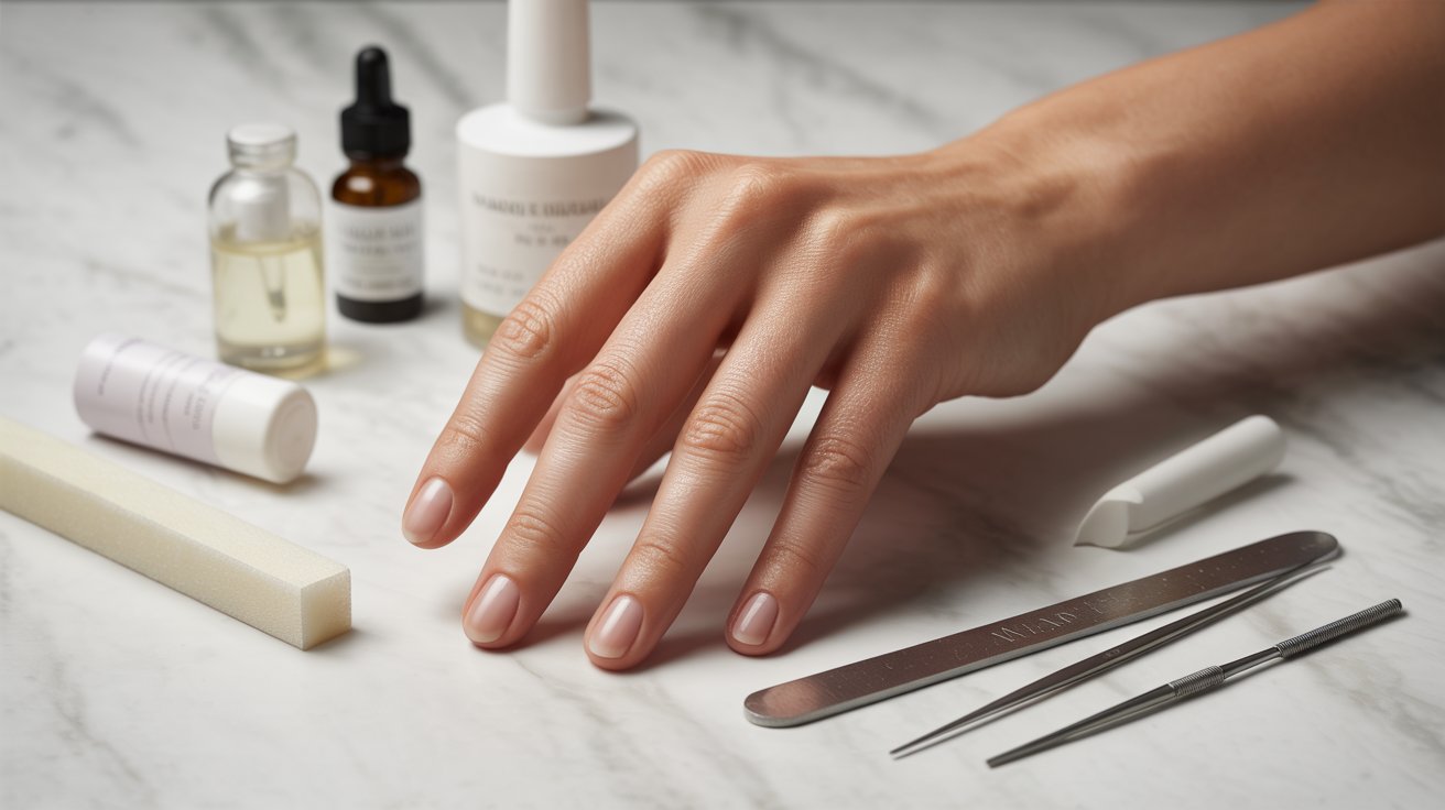 A hand with neatly manicured nails rests on a marble surface, surrounded by nail care products like files, cuticle oil, and buffer, conveying a serene spa-like feel.
