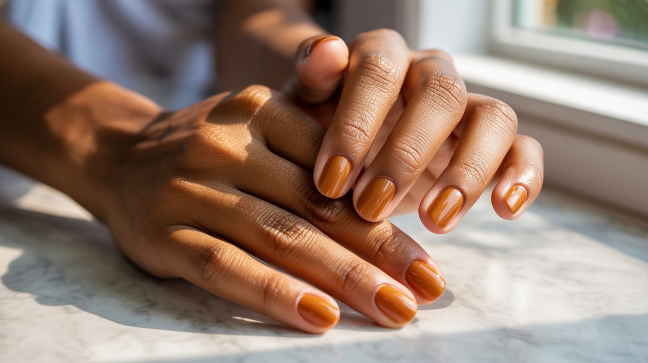 Hands resting on a marble surface with warm sunlight filtering through a window, showcasing neatly manicured nails painted in a rich orange hue.