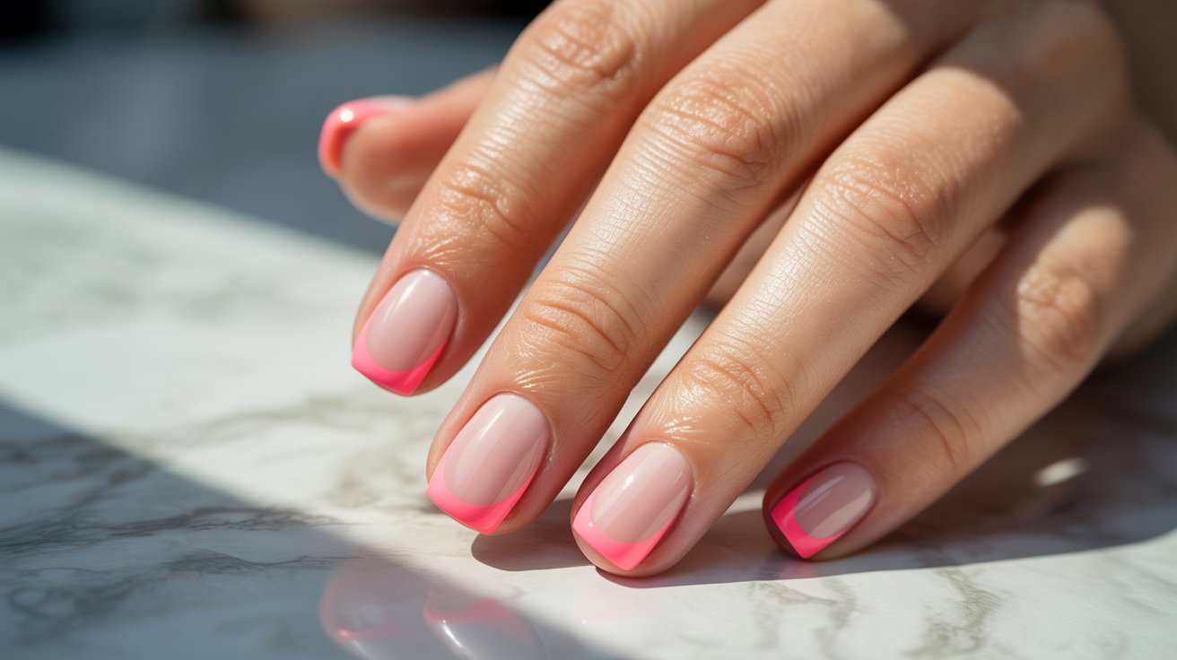 A hand with manicured nails featuring a vibrant pink French tip design rests on a marble surface, illuminated by soft, natural light.