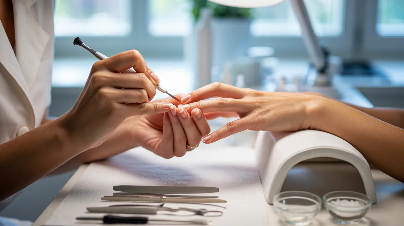 A manicurist carefully works on a client's nails in a bright, serene salon. Tools and bowls are neatly arranged on a white table, evoking a calm atmosphere.