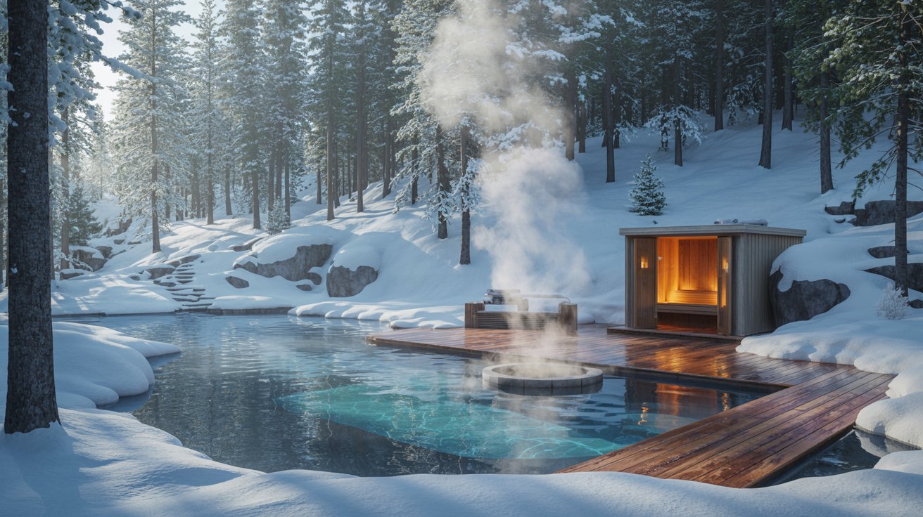 A serene winter scene with a steaming hot tub on a wooden deck by a snowy lake surrounded by pine trees. A cozy cabin glows warmly nearby.