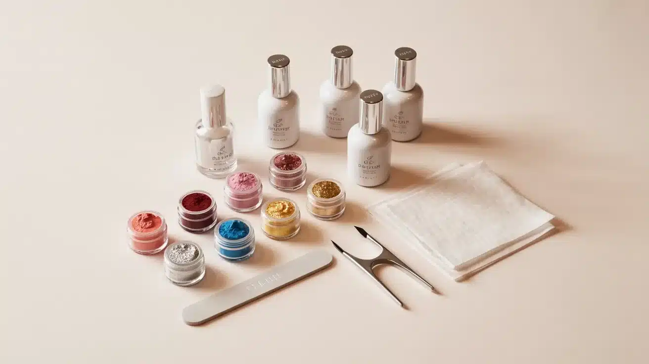 A variety of nail products are displayed, including six white bottles, jars of colorful powders, a file, a cuticle tool, and tissues, placed on a soft beige background.