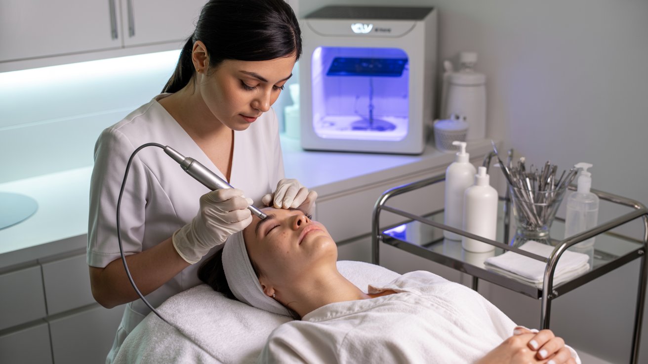 Aesthetician in a spa performs a facial treatment on a relaxed woman using a skincare device. The room is clean, with a soothing, professional atmosphere.