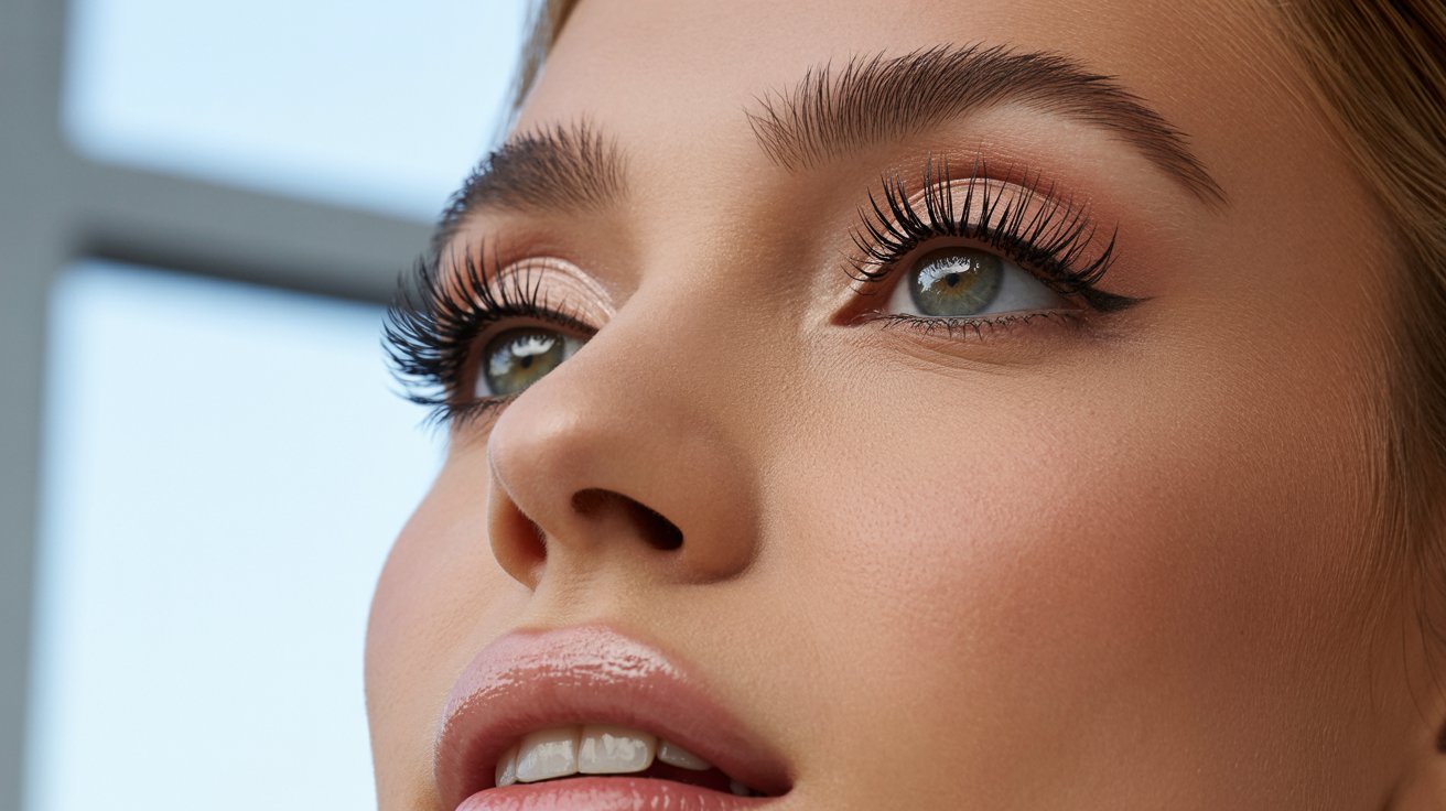 Close-up of a person with flawless skin, long eyelashes, and well-defined eyebrows. The expression is serene, with softly lit natural tones.