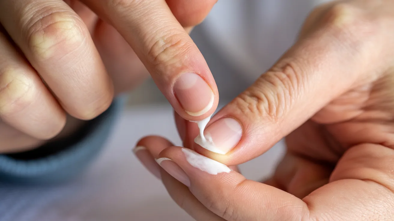 A person applies cream to cuticles with a gentle motion. The soothing, personal care scene conveys relaxation and focus on nail health.