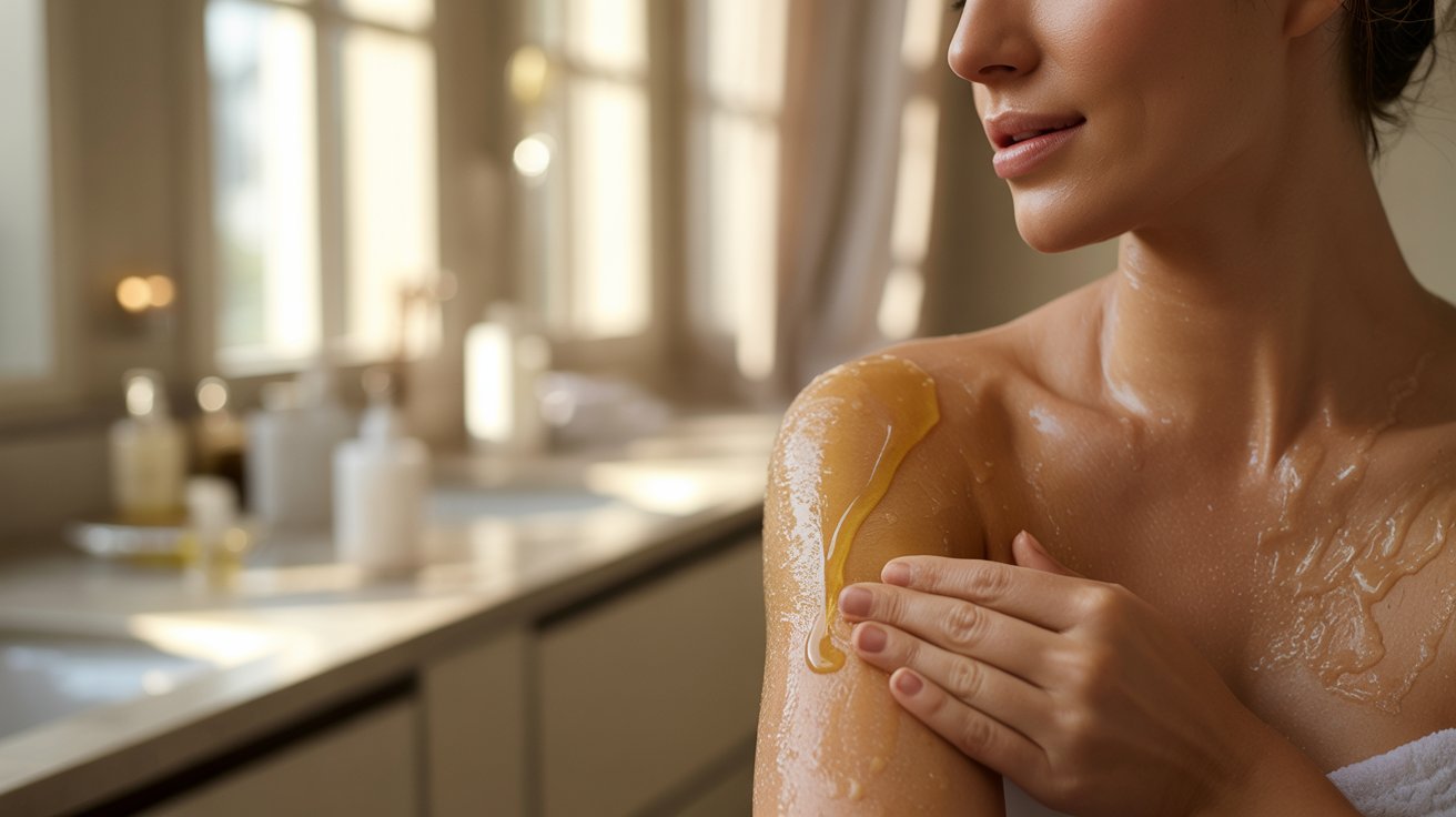 A woman applies a golden, viscous substance to her shoulder, basking in soft natural light in a bathroom. The scene conveys relaxation and self-care.
