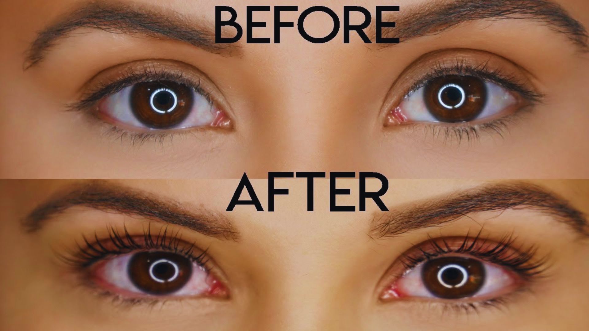 Close-up of eyes showing a "Before" and "After" effect. Top: natural lashes. Bottom: enhanced lashes with mascara, appearing fuller and longer.